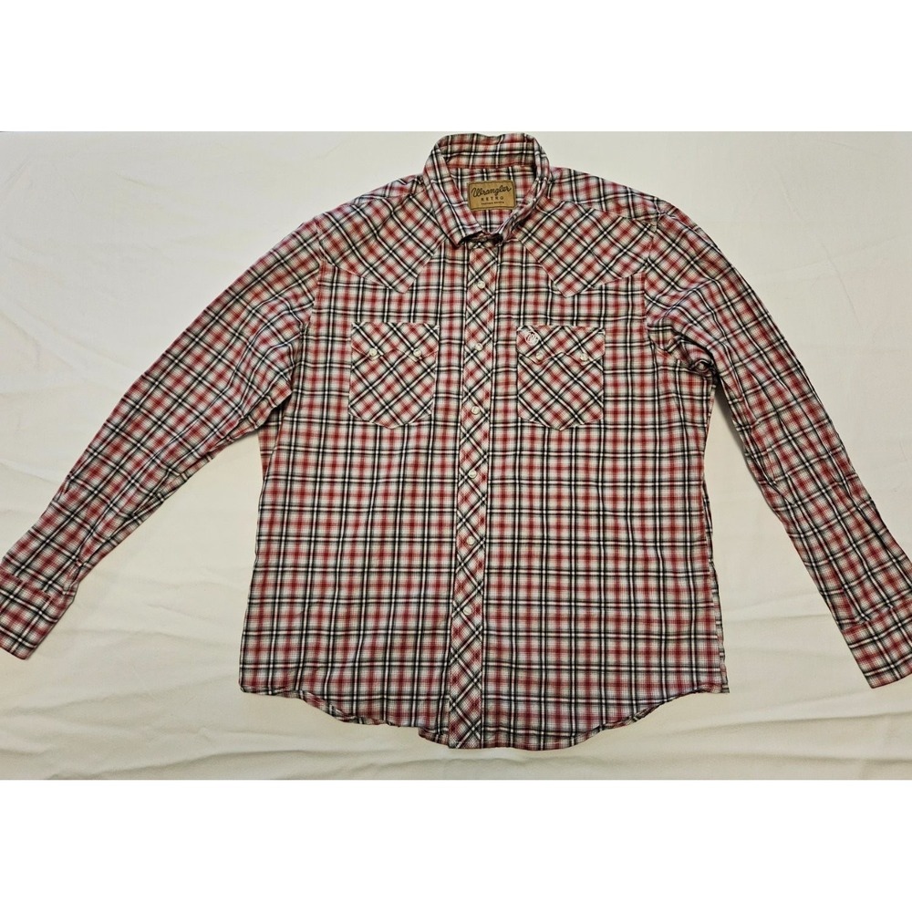 Wrangler Retro Men's XL Pearl Snap Western Plaid Shirt Black White Long Sleeve